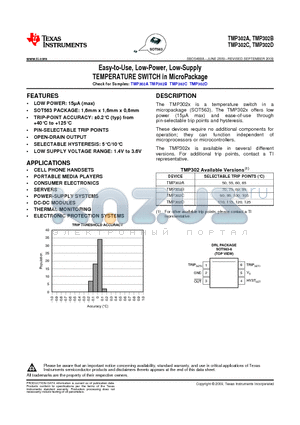 TMP302ADRLR datasheet - Easy-to-Use Low-Power Low-Supply TEMPERATURE SWITCH in MicroPackage