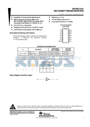 SN74HC14QDRQ1 datasheet - HEX SCHMITT-TRIGGER INVERTERS