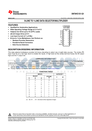 SN74HC151-Q1 datasheet - 8-LINE TO 1-LINE DATA SELECTOR/MULTIPLEXER