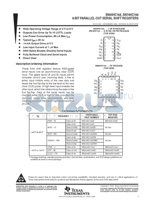 SN74HC164DE4 datasheet - 8-BIT PARALLEL-OUT SERIAL SHIFT REGISTERS