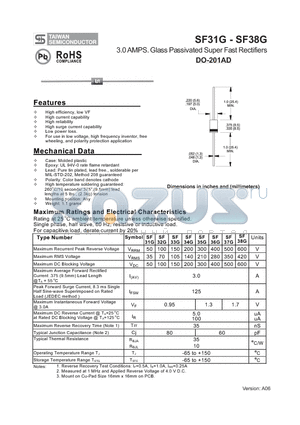 SF33G datasheet - 3.0 AMPS. Glass Passivated Super Fast Rectifiers