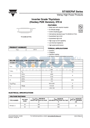 ST183C08CHK0P datasheet - Inverter Grade Thyristors (Hockey PUK Version), 370 A