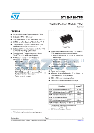 ST19NP18-TPM datasheet - Trusted Platform Module (TPM)