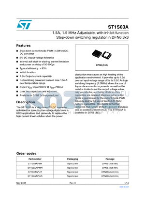 ST1S03AIPMR datasheet - 1.5A, 1.5 MHz Adjustable, with inhibit function Step-down switching regulator in DFN6 3x3