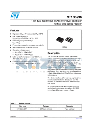 ST1G3236 datasheet - 1-bit dual supply bus transceiver level translator with A-side series resistor