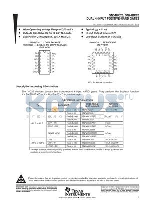 SN74HC20DTE4 datasheet - DUAL 4-INPUT POSITIVE-NAND GATES