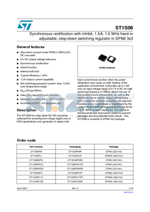 ST1S06PU33 datasheet - Synchronous rectification with inhibit, 1.5A, 1.5 MHz fixed or adjustable, step-down switching regulator in DFN6 3x3