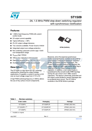 ST1S09IPU datasheet - 2A, 1.5 MHz PWM step-down switching regulator with synchronous rectification