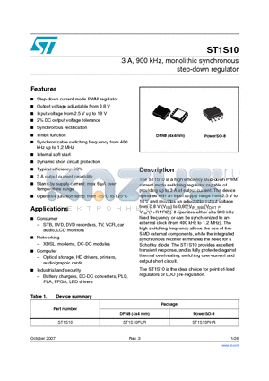 ST1S10PHR datasheet - 3 A, 900 kHz, monolithic synchronous step-down regulator