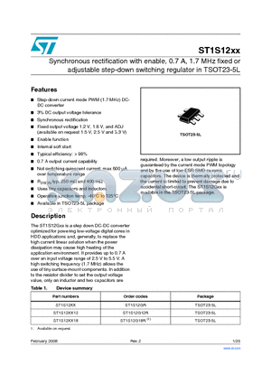 ST1S12XX datasheet - Synchronous rectification with enable, 0.7 A, 1.7 MHz fixed or adjustable step-down switching regulator in TSOT23-5L