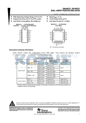 SN74HC21DR datasheet - DUAL 4-INPUT POSITIVE-AND GATES