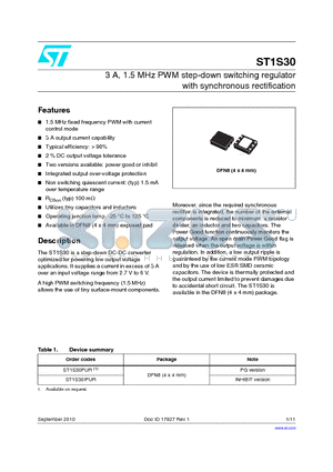 ST1S30PUR datasheet - 3 A, 1.5 MHz PWM step-down switching regulator with synchronous rectification