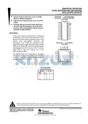 SN74HC240 datasheet - OCTAL BUFFERS AND LINE DRIVERS WITH 3-STATE OUTPUTS