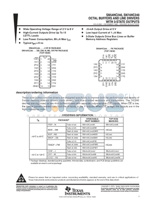 SN74HC240NE4 datasheet - OCTAL BUFFERS AND LINE DRIVERS