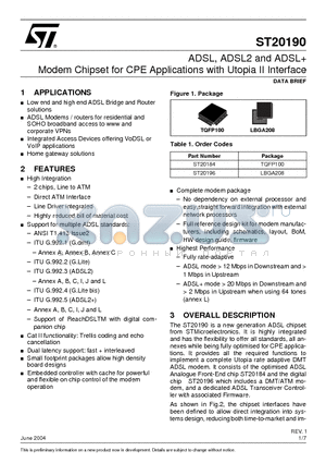 ST20184 datasheet - ADSL, ADSL2 and ADSL Modem Chipset for CPE Applications with Utopia II Interface