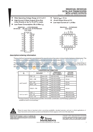 SN74HC245DBRE4 datasheet - OCTAL BUS TRANSCEIVERS WITH 3-STATE OUTPUTS