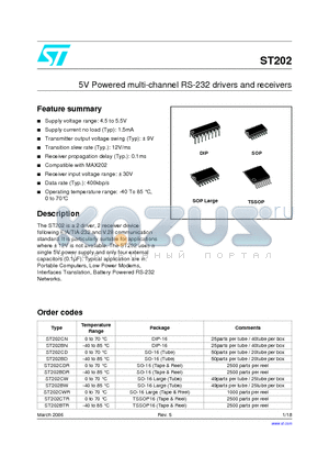 ST202 datasheet - 5V Powered multi-channel RS-232 drivers and receivers
