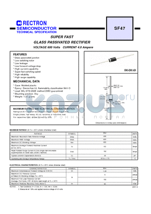 SF47 datasheet - SUPER FAST GLASS PASSIVATED RECTIFIER (VOLTAGE 600 Volts CURRENT 4.0 Ampere)