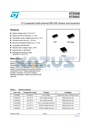ST202B datasheet - 5 V powered multi-channel RS-232 drivers and receivers
