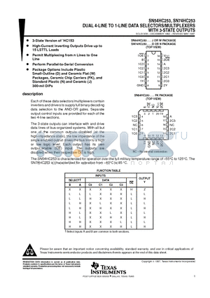 SN74HC253N datasheet - DUAL 4-LINE TO 1-LINE DATA SELECTORS/MULTIPLEXERS WITH 3-STATE OUTPUTS