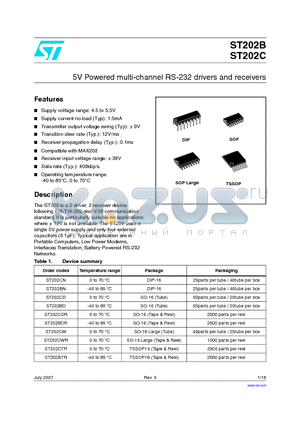 ST202BTR datasheet - 5V Powered multi-channel RS-232 drivers and receivers
