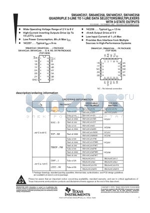 SN74HC257DR datasheet - QUADRUPLE 2-LINE TO 1-LINE DATA SELECTORS/MULTIPLEXERS WITH 3-STATE OUTPUTS