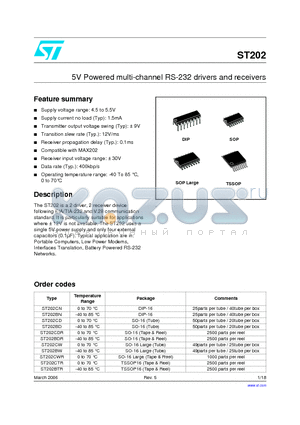 ST202CD datasheet - 5V Powered multi-channel RS-232 drivers and receivers