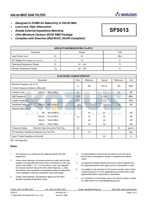 SF5013 datasheet - 945.00 MHZ SAW FILTER