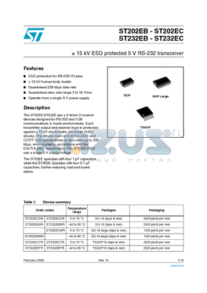 ST202EBDR datasheet - /- 15 kV ESD protected 5 V RS-232 transceiver