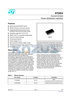 ST2054 datasheet - Current limited Power distribution switches