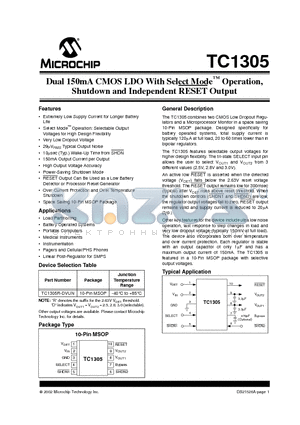 TC1305 datasheet - Dual 150mA CMOS LDO With Select Mode Operation, Shutdown and Independent RESET Output