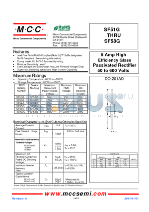 SF51G datasheet - 5 Amp High Efficiency Glass Passivated Rectifier 50 to 600 Volts