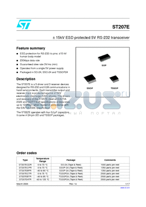 ST207E datasheet - a 15kV ESD protected 5V RS-232 transceiver