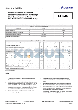 SF5507 datasheet - 433.92 MHz SAW Filter