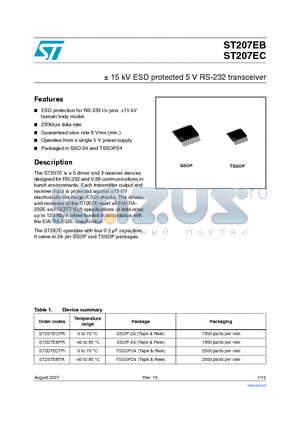 ST207EBPR datasheet - /-15 kV ESD protected 5 V RS-232 transceiver