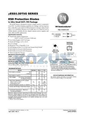 UESD5.0DT5G datasheet - ESD Protection Diodes - In Ultra Small SOT−723 Package