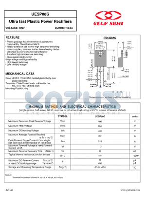 UESP08G datasheet - Ultra fast Plastic Power Rectifiers VOLTAGE: 400V CURRENT:8.0A
