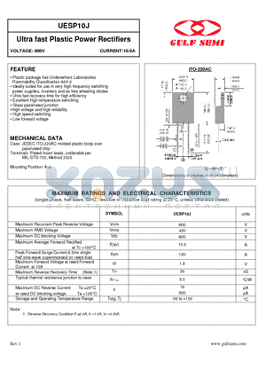 UESP10J datasheet - Ultra fast Plastic Power Rectifiers VOLTAGE: 600V CURRENT:10.0A