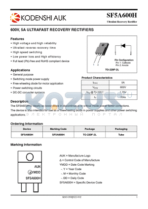 SF5A600H datasheet - 600V, 5A ULTRAFAST RECOVERY RECTIFIERS