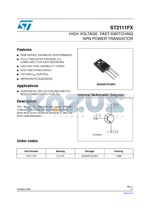 ST2111FX datasheet - HIGH VOLTAGE FAST-SWITCHING NPN POWER TRANSISTOR