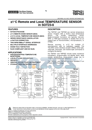 TMP421AIDCNTG4 datasheet - a1`C Remote and Local TEMPERATURE SENSOR in SOT23-8