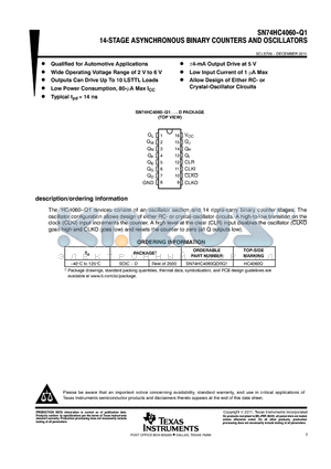 SN74HC4060-Q1 datasheet - 14-STAGE ASYNCHRONOUS BINARY COUNTERS AND OSCILLATORS