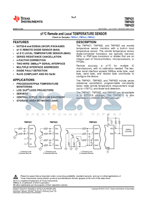 TMP421YZDT datasheet - a1`C Remote and Local TEMPERATURE SENSOR