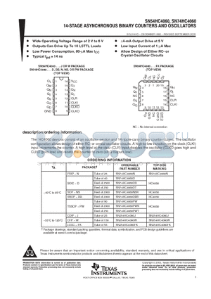 SN74HC4060PWG4 datasheet - 14-STAGE ASYNCHRONOUS BINARY COUNTERS AND OSCILLATORS