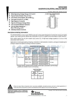 SN74HC4066 datasheet - QUADRUPLE BILATERAL ANALOG SWITCH