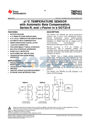 TMP441AIDCNT datasheet - a1`C TEMPERATURE SENSOR with Automatic Beta Compensation, Series-R, and h-Factor in a SOT23-8