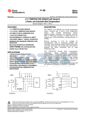 TMP431ADGKR datasheet - a1`C TEMPERATURE SENSOR with Series-R, g-Factor, and Automatic Beta Compensation