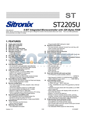 ST2205U datasheet - 8 BIT Integrated Microcontroller with 32K Bytes RAM