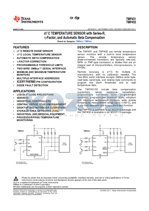 TMP431ADGKT datasheet - a1`C TEMPERATURE SENSOR with Series-R, g-Factor, and Automatic Beta Compensation