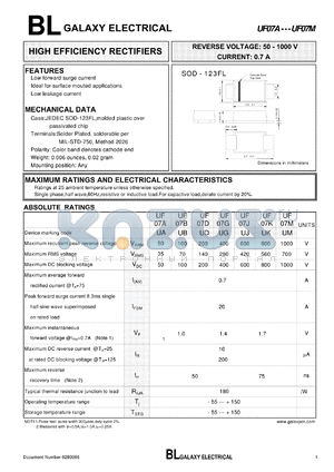UF07M datasheet - HIGH EFFICIENCY RECTIFIERS REVERSE VOLTAGE: 50 - 1000 V CURRENT: 0.7 A